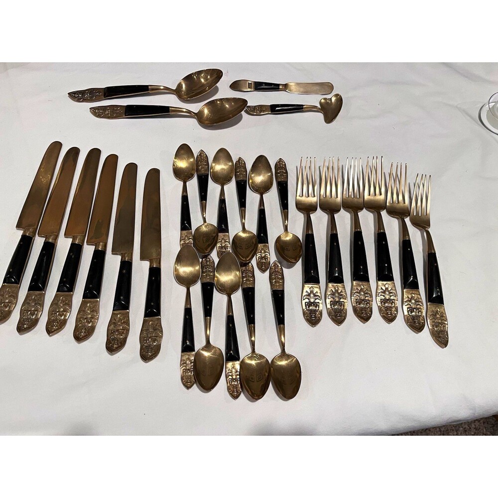 Vintage Siam Thailand Bronze Brass Flatware 28 Pc Set Black Wood Thai Deity MCM